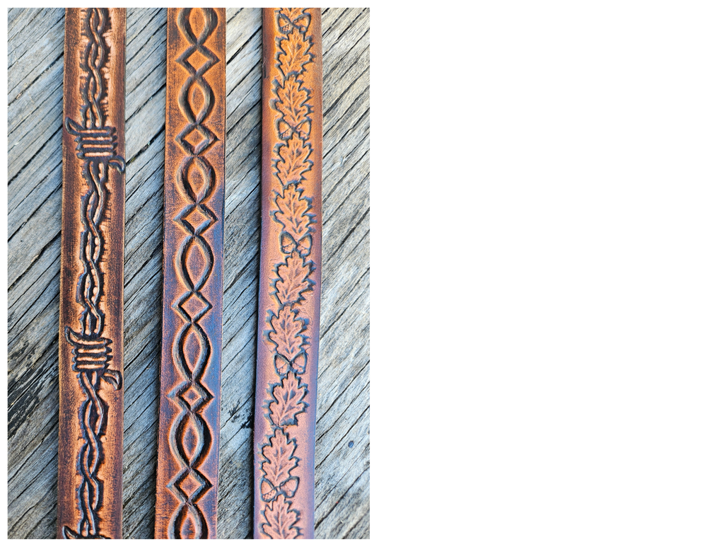Classic Western Styled, embossed pattern leather hatbands that are 3/4" wide fitting up to size 7 1/2 hat. Fit's most any hat with adjustable bead and leather 1/8" string. Will fit most WESTERN crowned hats. Made in our Smyrna, TN. shop a short drive from downtown Nashville, TN.

These are random hatbands made in store and we put them in a 3 packs at a Discounted price. See the others
23" long (without tie string)
NO subs.