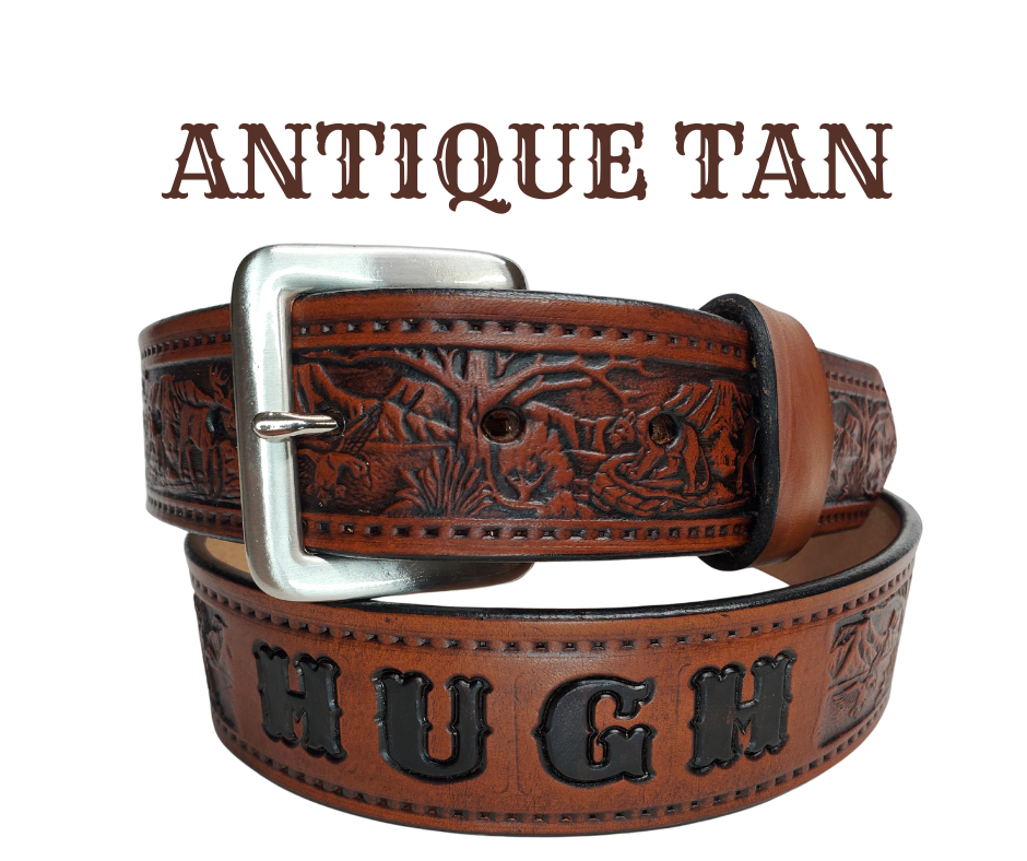 This solid strip of Veg Tan cowhide, is hand stained in 3 brown options, with smooth, finished edges. Embossed with Deer, Mountain Lion, and Duck scene down length of belt, or have name added to scene up to 8 letters. Belt thickness is approx. 1/8", and 1 1/2" wide. Sizes available are 34" to 44" from buckle end to hole most worn. Attached with 2 snaps is a Brushed Nickel plated solid brass buckle. Handmade in our Smyrna, TN, USA shop a short trip from Nashville.