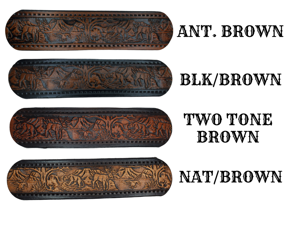 This solid strip of Veg Tan cowhide, is hand stained in 3 brown options, with smooth, finished edges. Embossed with Deer, Mountain Lion, and Duck scene down length of belt, or have name added to scene up to 8 letters. Belt thickness is approx. 1/8", and 1 1/2" wide. Sizes available are 34" to 44" from buckle end to hole most worn. Attached with 2 snaps is a Brushed Nickel plated solid brass buckle. Handmade in our Smyrna, TN, USA shop a short trip from Nashville.