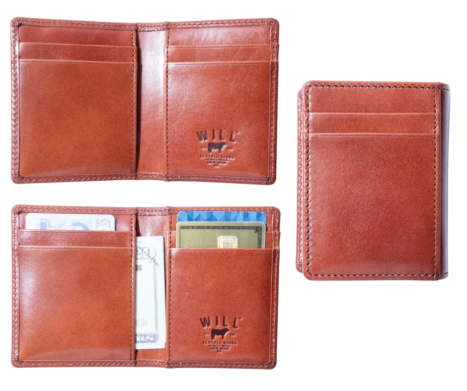 Italian Full Grain Veg-Tan is some of the finest leather in the world. Yes it cost more but when you want the best your willing to pay a bit more. Smooth and soft Italian calfskin with a glossy finish in Whiskey. 6 card slots 2 inside/2 outside, 3 under pockets. It's compact 4" x 3" size is right size for your daily needs. Now stocked at our Smyrna, TN store not far from Famous. Made by Will Leather, Imported.