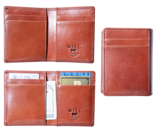 Italian Full Grain Veg-Tan is some of the finest leather in the world. Yes it cost more but when you want the best your willing to pay a bit more. Smooth and soft Italian calfskin with a glossy finish in Whiskey. 6 card slots 2 inside/2 outside, 3 under pockets. It's compact 4" x 3" size is right size for your daily needs. Now stocked at our Smyrna, TN store not far from Famous. Made by Will Leather, Imported.