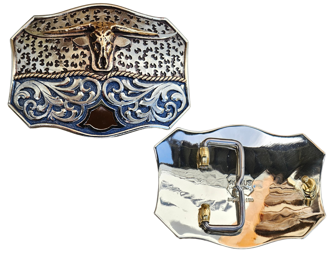 The Winter Wind Belt Buckle has the ever classic Longhorn design accented with a multi Western design influences like scrolls with a blue background with a touch of Dark brown. A Classic Western belt buckle at it&