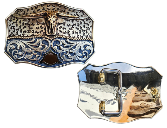 The Winter Wind Belt Buckle has the ever classic Longhorn design accented with a multi Western design influences like scrolls with a blue background with a touch of Dark brown. A Classic Western belt buckle at it&