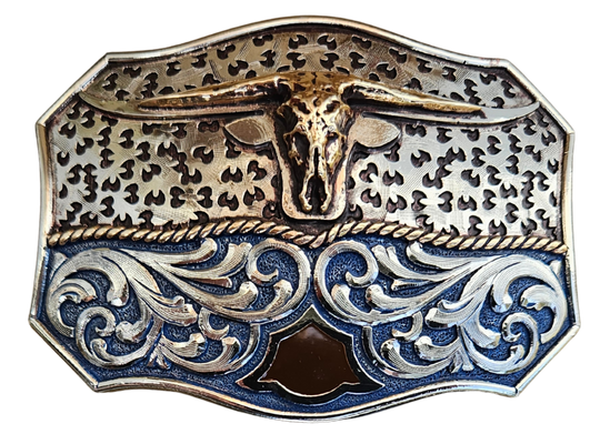 The Winter Wind Belt Buckle has the ever classic Longhorn design accented with a multi Western design influences like scrolls with a blue background with a touch of Dark brown. A Classic Western belt buckle at it&