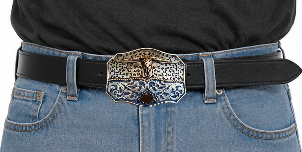 The Winter Wind Belt Buckle has the ever classic Longhorn design accented with a multi Western design influences like scrolls with a blue background with a touch of Dark brown. A Classic Western belt buckle at it's best! Made from German Silver and engraved and layered metals in a tri-color Western design. Available in our Smyrna, TN shop, a short distance from Nashville.

Dimensions: Width 4”, Height 2.7”
Standard 1.5” Swivel
