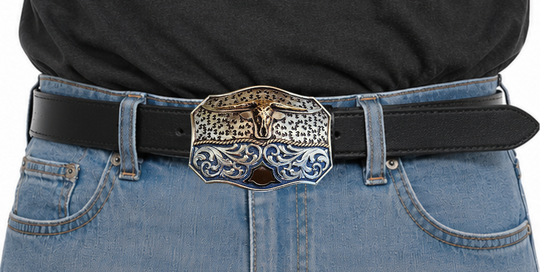 The Winter Wind Belt Buckle has the ever classic Longhorn design accented with a multi Western design influences like scrolls with a blue background with a touch of Dark brown. A Classic Western belt buckle at it&