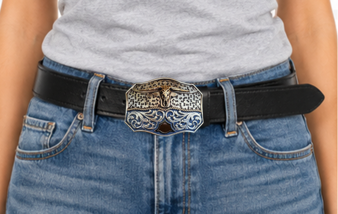 The Winter Wind Belt Buckle has the ever classic Longhorn design accented with a multi Western design influences like scrolls with a blue background with a touch of Dark brown. A Classic Western belt buckle at it&