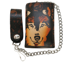 Wolf "all over" pattern Leather Patch all leather Tri-fold Chain Wallet. 1 Cash Slot for all your important stash, 3 card slots and 1 underneath the middle slot. It's<em data-mce-fragment="1"><strong data-mce-fragment="1">&nbsp;USA made&nbsp;</strong></em><span>and Buckle and Hide approved. Approx. 3"x 4" folded. 2 snap closure. Complete with an 12" chrome plated chain including leather belt loop. Available in our Smyrna, TN shop a short drive from downtown Nashville. </span>