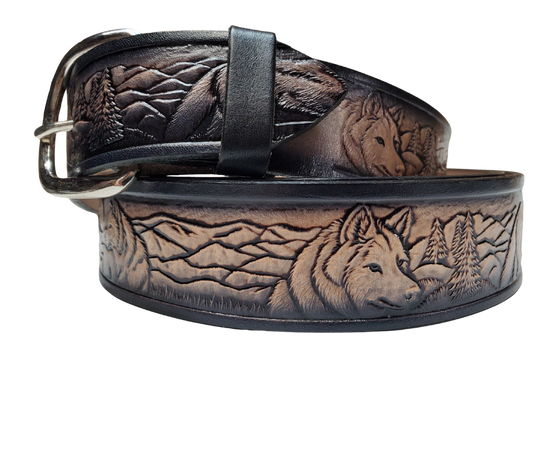 Wolf Pack leather belt with wolf and mountain scenery