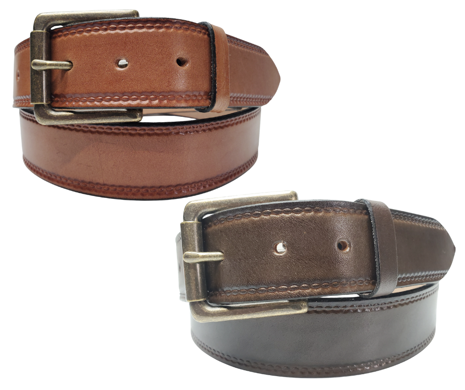 Our Woodbury Basic Casual Belt. Border embossing is just enough not to get in the way. It is constructed from full grain vegetable tanned cowhide. It has a width of 1 1/2" and is fitted with a Antique Nickle or Brass over Solid brass Roller buckle along with painted edges. Made in the USA! Buckle snaps for easy changing. Available for quick shipment from our Smyrna, TN shop.