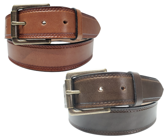 Our Woodbury Basic Casual Belt. Border embossing is just enough not to get in the way. It is constructed from full grain vegetable tanned cowhide. It has a width of 1 1/2" and is fitted with a Antique Nickle or Brass over Solid brass Roller buckle along with painted edges. Made in the USA! Buckle snaps for easy changing. Available for quick shipment from our Smyrna, TN shop.