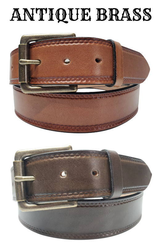 Our Woodbury Basic Casual Belt. Border embossing is just enough not to get in the way. It is constructed from full grain vegetable tanned cowhide. It has a width of 1 1/2" and is fitted with a Antique Nickle or Brass over Solid brass Roller buckle along with painted edges. Made in the USA! Buckle snaps for easy changing. Available for quick shipment from our Smyrna, TN shop.