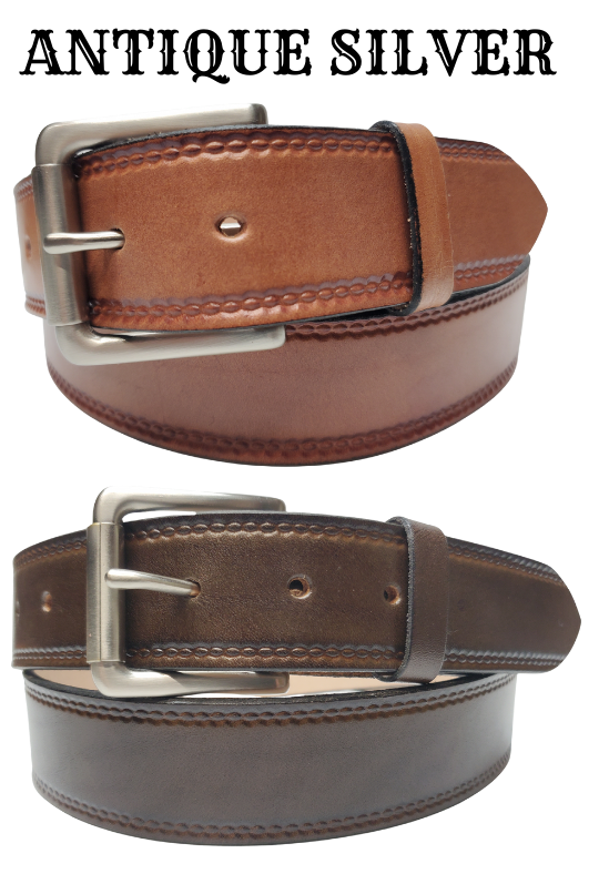 Our Woodbury Basic Casual Belt. Border embossing is just enough not to get in the way. It is constructed from full grain vegetable tanned cowhide. It has a width of 1 1/2" and is fitted with a Antique Nickle or Brass over Solid brass Roller buckle along with painted edges. Made in the USA! Buckle snaps for easy changing. Available for quick shipment from our Smyrna, TN shop.