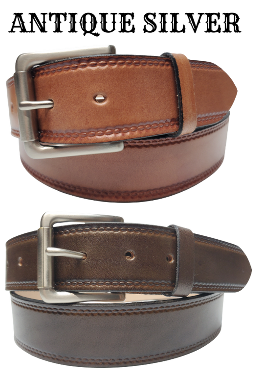 Our Woodbury Basic Casual Belt. Border embossing is just enough not to get in the way. It is constructed from full grain vegetable tanned cowhide. It has a width of 1 1/2" and is fitted with a Antique Nickle or Brass over Solid brass Roller buckle along with painted edges. Made in the USA! Buckle snaps for easy changing. Available for quick shipment from our Smyrna, TN shop.