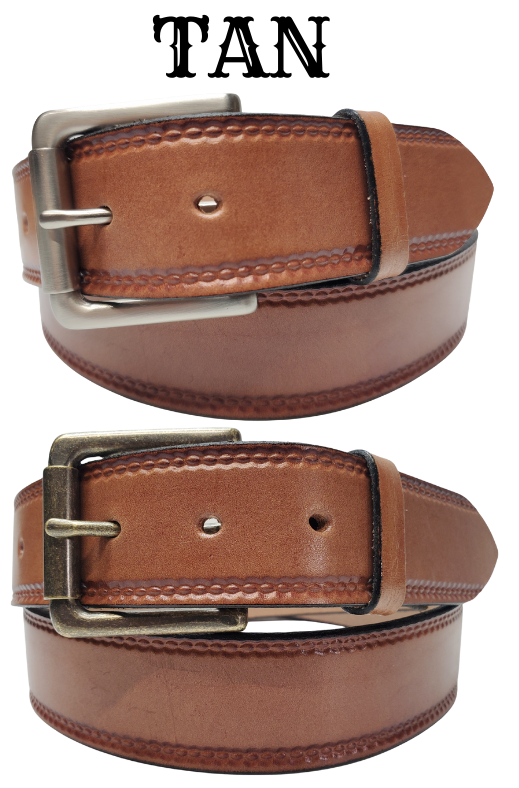 Our Woodbury Basic Casual Belt. Border embossing is just enough not to get in the way. It is constructed from full grain vegetable tanned cowhide. It has a width of 1 1/2" and is fitted with a Antique Nickle or Brass over Solid brass Roller buckle along with painted edges. Made in the USA! Buckle snaps for easy changing. Available for quick shipment from our Smyrna, TN shop.