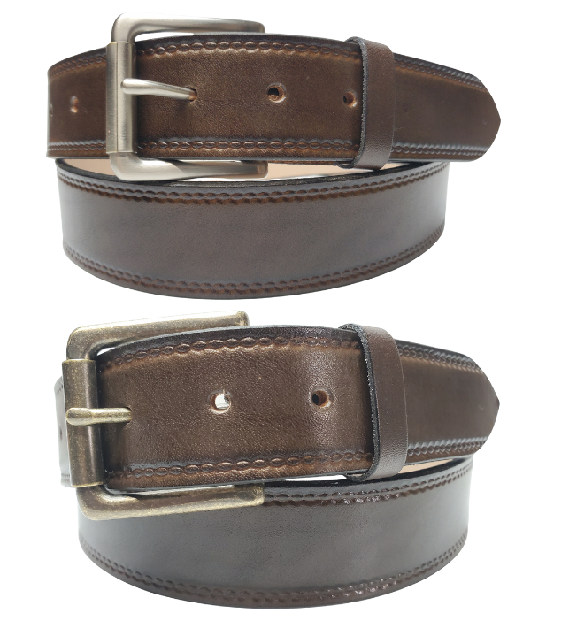 Our Woodbury Basic Casual Belt. Border embossing is just enough not to get in the way. It is constructed from full grain vegetable tanned cowhide. It has a width of 1 1/2" and is fitted with a Antique Nickle or Brass over Solid brass Roller buckle along with painted edges. Made in the USA! Buckle snaps for easy changing. Available for quick shipment from our Smyrna, TN shop.
