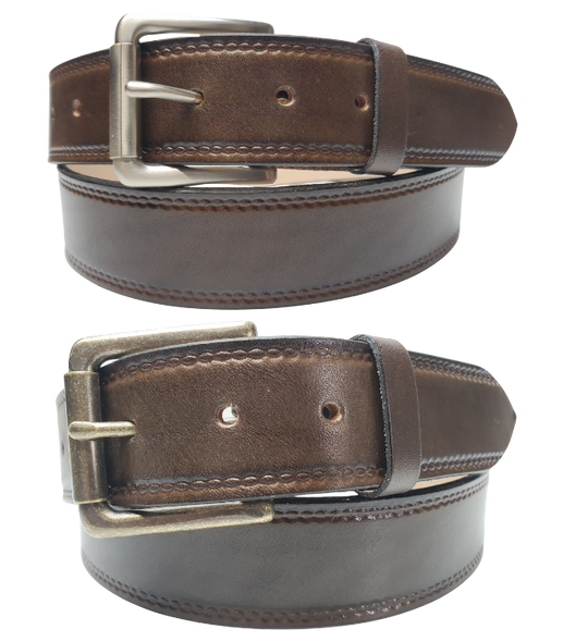 Our Woodbury Basic Casual Belt. Border embossing is just enough not to get in the way. It is constructed from full grain vegetable tanned cowhide. It has a width of 1 1/2" and is fitted with a Antique Nickle or Brass over Solid brass Roller buckle along with painted edges. Made in the USA! Buckle snaps for easy changing. Available for quick shipment from our Smyrna, TN shop.