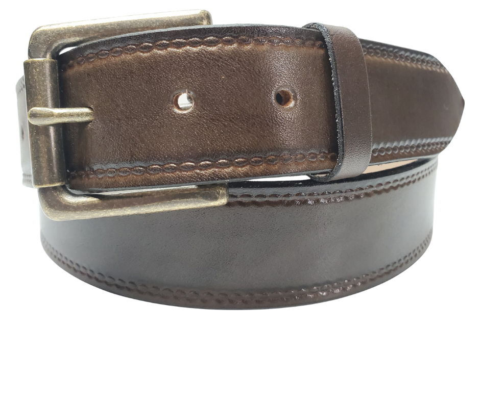Our Woodbury Basic Casual Belt. Border embossing is just enough not to get in the way. It is constructed from full grain vegetable tanned cowhide. It has a width of 1 1/2" and is fitted with a Antique Nickle or Brass over Solid brass Roller buckle along with painted edges. Made in the USA! Buckle snaps for easy changing. Available for quick shipment from our Smyrna, TN shop.