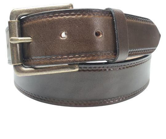 Our Woodbury Basic Casual Belt. Border embossing is just enough not to get in the way. It is constructed from full grain vegetable tanned cowhide. It has a width of 1 1/2" and is fitted with a Antique Nickle or Brass over Solid brass Roller buckle along with painted edges. Made in the USA! Buckle snaps for easy changing. Available for quick shipment from our Smyrna, TN shop.