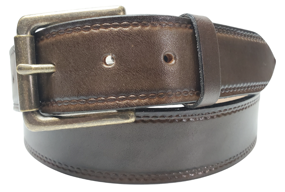 Our Woodbury Dark Brown Basic Casual Belt. Border embossing is just enough not to get in the way. It is constructed from full grain vegetable tanned cowhide. It has a width of 1 1/2" and is fitted with a Antique Nickle or Brass over Solid brass Roller buckle along with painted edges. Made in the USA! Buckle snaps for easy changing. Available for quick shipment from our Smyrna, TN shop.