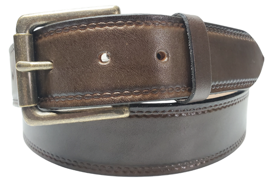 Our Woodbury Dark Brown Basic Casual Belt. Border embossing is just enough not to get in the way. It is constructed from full grain vegetable tanned cowhide. It has a width of 1 1/2" and is fitted with a Antique Nickle or Brass over Solid brass Roller buckle along with painted edges. Made in the USA! Buckle snaps for easy changing. Available for quick shipment from our Smyrna, TN shop.