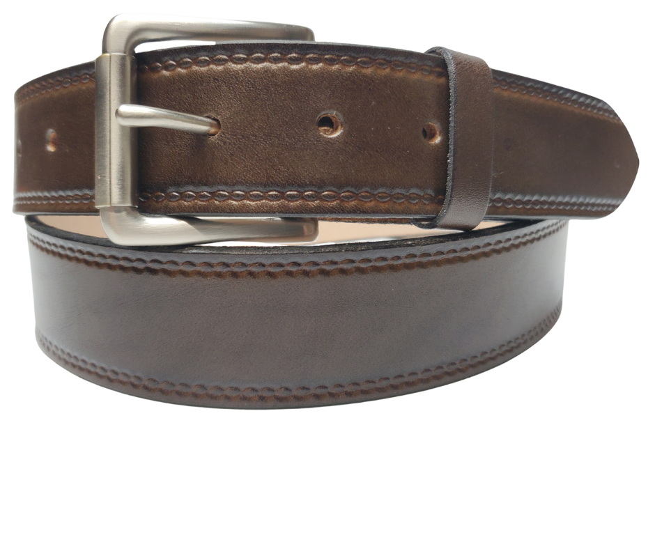 Our Woodbury Basic Casual Belt. Border embossing is just enough not to get in the way. It is constructed from full grain vegetable tanned cowhide. It has a width of 1 1/2" and is fitted with a Antique Nickle or Brass over Solid brass Roller buckle along with painted edges. Made in the USA! Buckle snaps for easy changing. Available for quick shipment from our Smyrna, TN shop.