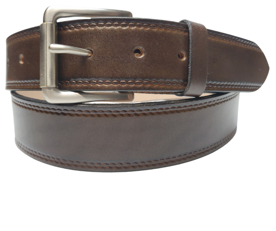 Our Woodbury Basic Casual Belt. Border embossing is just enough not to get in the way. It is constructed from full grain vegetable tanned cowhide. It has a width of 1 1/2" and is fitted with a Antique Nickle or Brass over Solid brass Roller buckle along with painted edges. Made in the USA! Buckle snaps for easy changing. Available for quick shipment from our Smyrna, TN shop.