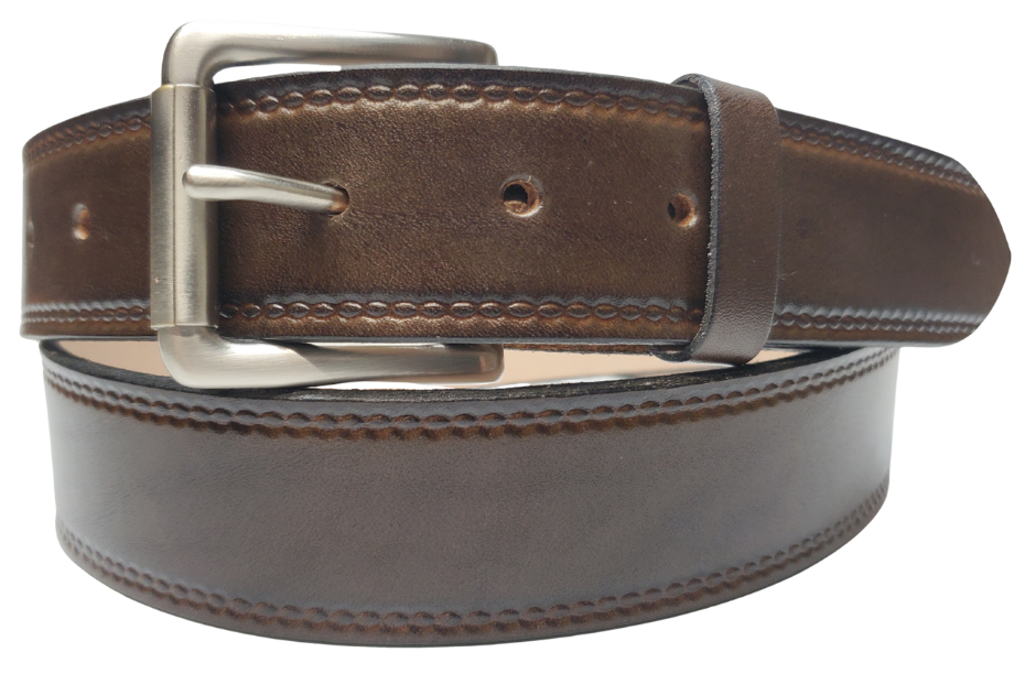 Our Woodbury Dark Brown Basic Casual Belt. Border embossing is just enough not to get in the way. It is constructed from full grain vegetable tanned cowhide. It has a width of 1 1/2" and is fitted with a Antique Nickle or Brass over Solid brass Roller buckle along with painted edges. Made in the USA! Buckle snaps for easy changing. Available for quick shipment from our Smyrna, TN shop.