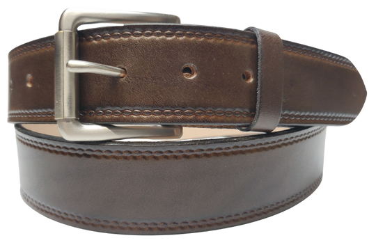 Our Woodbury Dark Brown Basic Casual Belt. Border embossing is just enough not to get in the way. It is constructed from full grain vegetable tanned cowhide. It has a width of 1 1/2" and is fitted with a Antique Nickle or Brass over Solid brass Roller buckle along with painted edges. Made in the USA! Buckle snaps for easy changing. Available for quick shipment from our Smyrna, TN shop.