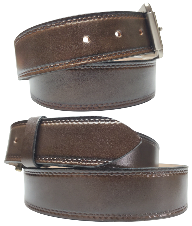 Our Woodbury Dark Brown Basic Casual Belt. Border embossing is just enough not to get in the way. It is constructed from full grain vegetable tanned cowhide. It has a width of 1 1/2" and is fitted with a Antique Nickle or Brass over Solid brass Roller buckle along with painted edges. Made in the USA! Buckle snaps for easy changing. Available for quick shipment from our Smyrna, TN shop.