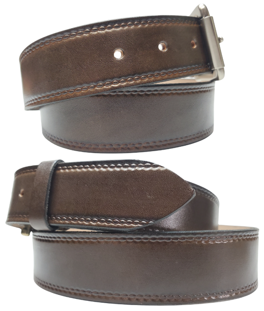 Our Woodbury Dark Brown Basic Casual Belt. Border embossing is just enough not to get in the way. It is constructed from full grain vegetable tanned cowhide. It has a width of 1 1/2" and is fitted with a Antique Nickle or Brass over Solid brass Roller buckle along with painted edges. Made in the USA! Buckle snaps for easy changing. Available for quick shipment from our Smyrna, TN shop.