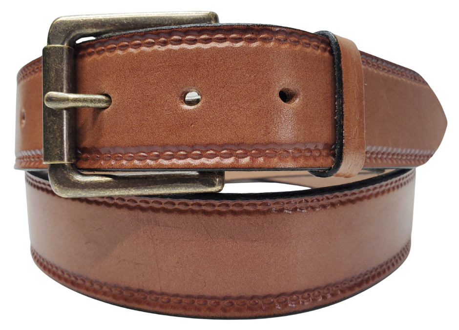 Our Woodbury Basic Casual Belt. Border embossing is just enough not to get in the way. It is constructed from full grain vegetable tanned cowhide. It has a width of 1 1/2" and is fitted with a Antique Nickle or Brass over Solid brass Roller buckle along with painted edges. Made in the USA! Buckle snaps for easy changing. Available for quick shipment from our Smyrna, TN shop.