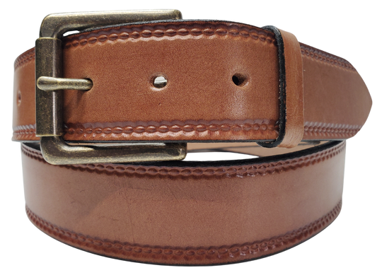 Our Woodbury Basic Casual Belt. Border embossing is just enough not to get in the way. It is constructed from full grain vegetable tanned cowhide. It has a width of 1 1/2" and is fitted with a Antique Nickle or Brass over Solid brass Roller buckle along with painted edges. Made in the USA! Buckle snaps for easy changing. Available for quick shipment from our Smyrna, TN shop.