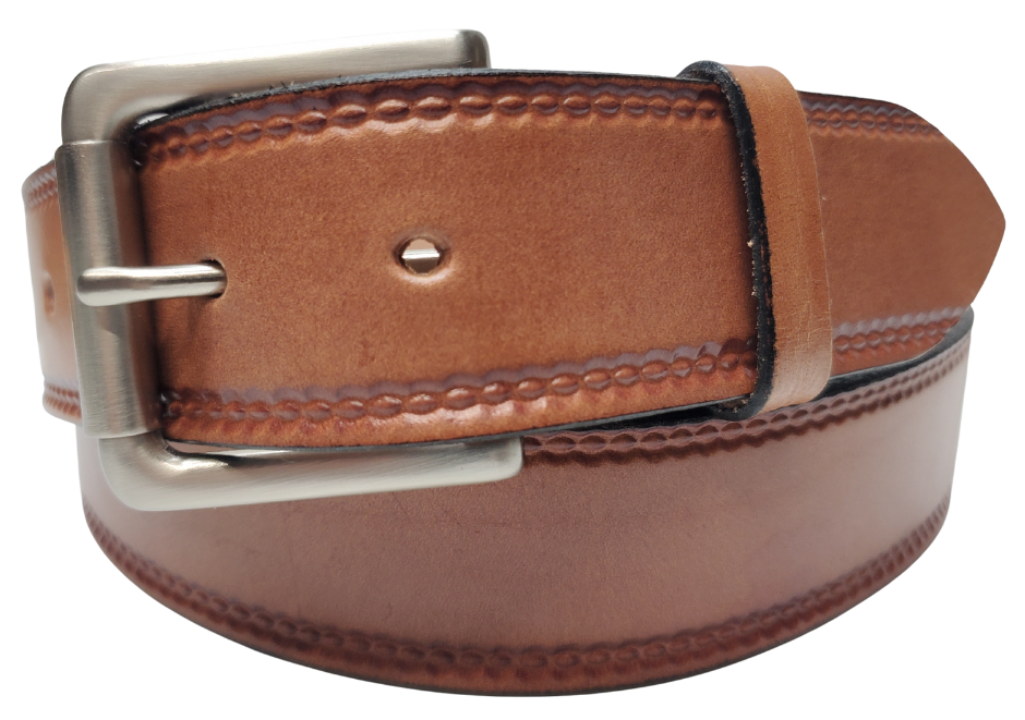 Our Woodbury Basic Casual Belt. Border embossing is just enough not to get in the way. It is constructed from full grain vegetable tanned cowhide. It has a width of 1 1/2" and is fitted with a Antique Nickle or Brass over Solid brass Roller buckle along with painted edges. Made in the USA! Buckle snaps for easy changing. Available for quick shipment from our Smyrna, TN shop.