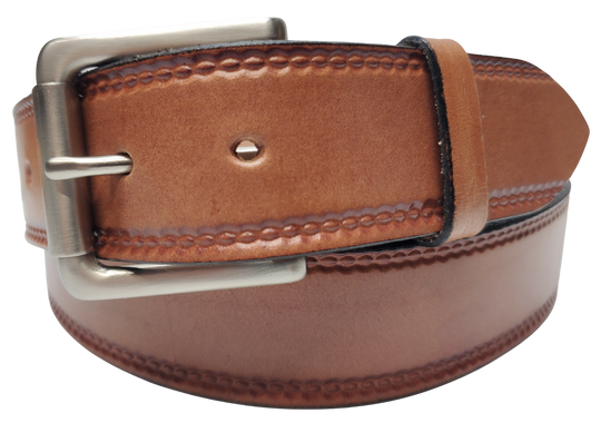 Our Woodbury Basic Casual Belt. Border embossing is just enough not to get in the way. It is constructed from full grain vegetable tanned cowhide. It has a width of 1 1/2" and is fitted with a Antique Nickle or Brass over Solid brass Roller buckle along with painted edges. Made in the USA! Buckle snaps for easy changing. Available for quick shipment from our Smyrna, TN shop.