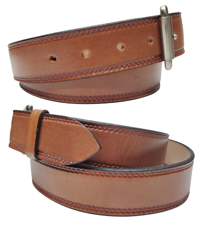 Our Woodbury Basic Casual Belt. Border embossing is just enough not to get in the way. It is constructed from full grain vegetable tanned cowhide. It has a width of 1 1/2" and is fitted with a Antique Nickle or Brass over Solid brass Roller buckle along with painted edges. Made in the USA! Buckle snaps for easy changing. Available for quick shipment from our Smyrna, TN shop.