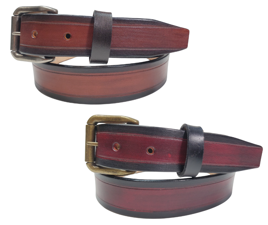 The Workspace handmade all leather belt is made from a single strip of Veg-Tan cowhide that is a hand finished Veg-tan that is 9-10 oz., or approx. 1/8" thick. It has a basic Border design that is never out of style! Choose a Antique nickel or Antique Brass finish buckle that is snapped in place. This belt is made just outside Nashville in Smyrna, TN. 