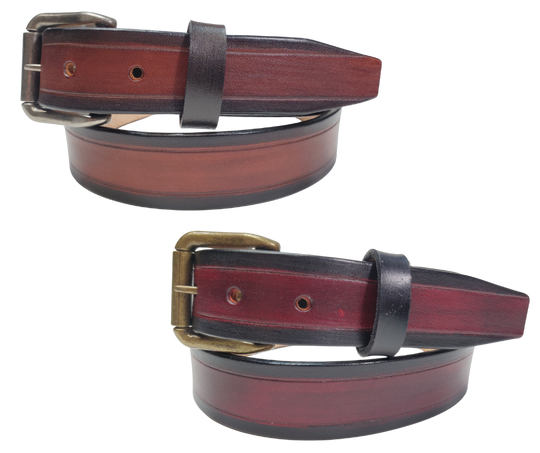 The Workspace handmade all leather belt is made from a single strip of Veg-Tan cowhide that is a hand finished Veg-tan that is 9-10 oz., or approx. 1/8" thick. It has a basic Border design that is never out of style! Choose a Antique nickel or Antique Brass finish buckle that is snapped in place. This belt is made just outside Nashville in Smyrna, TN. 