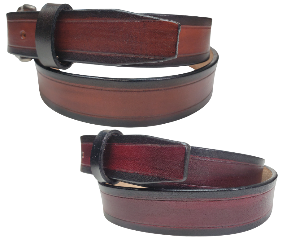 side view - The Workspace handmade all leather belt is made from a single strip of Veg-Tan cowhide that is a hand finished Veg-tan that is 9-10 oz., or approx. 1/8" thick. It has a basic Border design that is never out of style! Choose a Antique nickel or Antique Brass finish buckle that is snapped in place. This belt is made just outside Nashville in Smyrna, TN. 