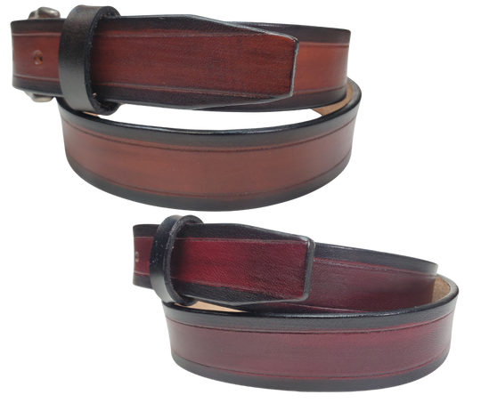 side view - The Workspace handmade all leather belt is made from a single strip of Veg-Tan cowhide that is a hand finished Veg-tan that is 9-10 oz., or approx. 1/8" thick. It has a basic Border design that is never out of style! Choose a Antique nickel or Antique Brass finish buckle that is snapped in place. This belt is made just outside Nashville in Smyrna, TN. 