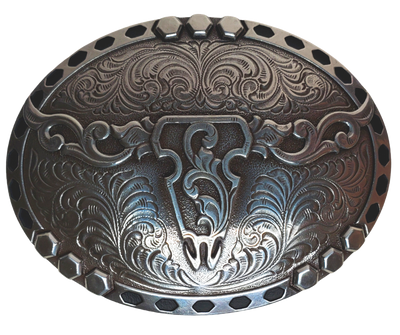 Feel the classic western vibes with the Tribal Longhorn Nocona buckle! We named after on of the original longhorn breeds. Its oval shape, with an exquisite smooth edge, truly stands out with the western scroll design. Finished with an antique silver color, it fits up to 1 1/2" belts and measures approx. 2 1/2" tall by 3 1/2" wide. Get yours now, both online and in our shop in Smyrna, TN, near Nashville! Imported
