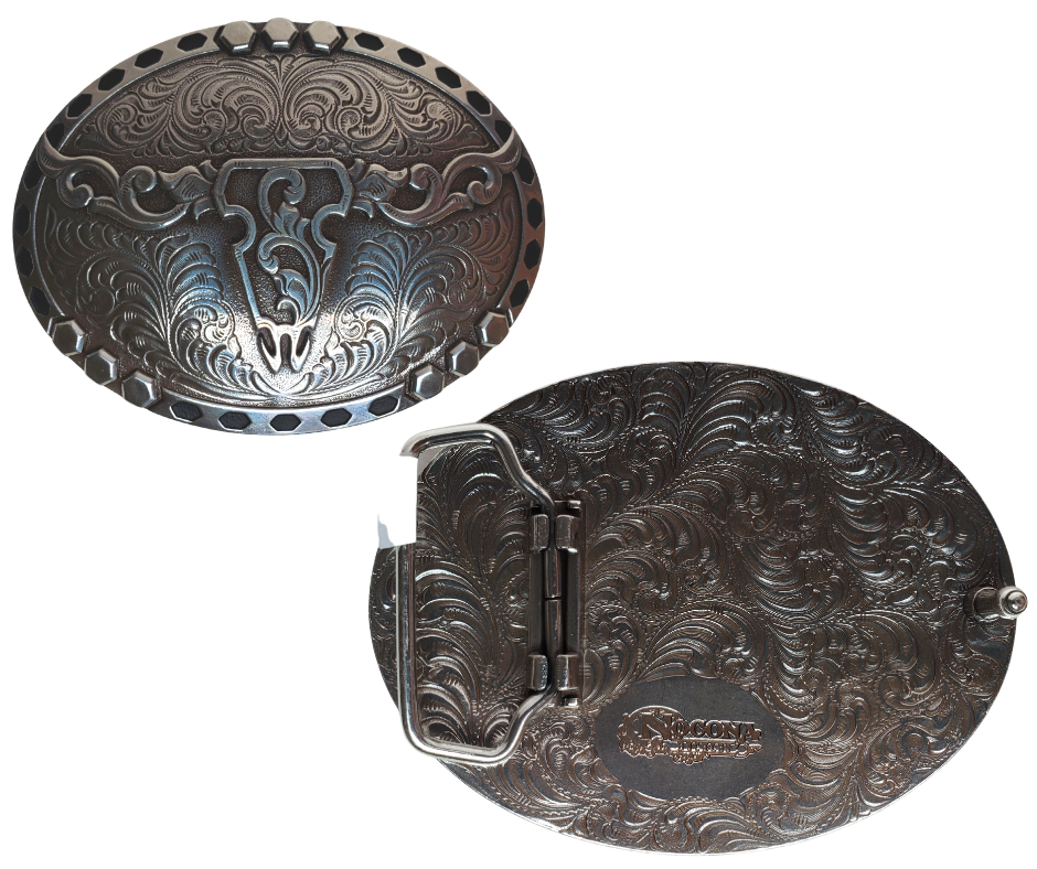 Feel the classic western vibes with the Tribal Longhorn Nocona buckle! We named after on of the original longhorn breeds. Its oval shape, with an exquisite smooth edge, truly stands out with the western scroll design. Finished with an antique silver color, it fits up to 1 1/2" belts and measures approx. 2 1/2" tall by 3 1/2" wide. Get yours now, both online and in our shop in Smyrna, TN, near Nashville! Imported