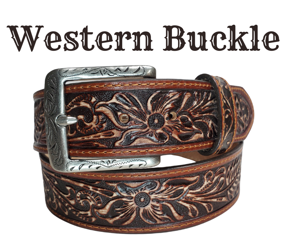 This leather belt perfectly captures the spirit of the Old West. It's 1 1/2" wide and embossed with a western style that you would find on any ranch. The leather is a beautiful deep mahogany brown with a black background to make the embossing pop out. Available in our Smyrna, TN shop.