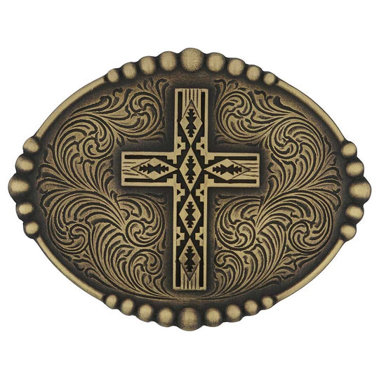Stand for faith in the Southwest with The Western Cross Belt Buckle. The cross on this buckle shows a Southwest pattern and is provided with an etched scroll backdrop framed in a beaded design. Fits 1.5 inch belts. Find it online or at our shop just outside Nashville in Smyrna, TN. By Montana Silversmith
Approx. 4" x 3"
Brass over zinc alloy. Protective coating.