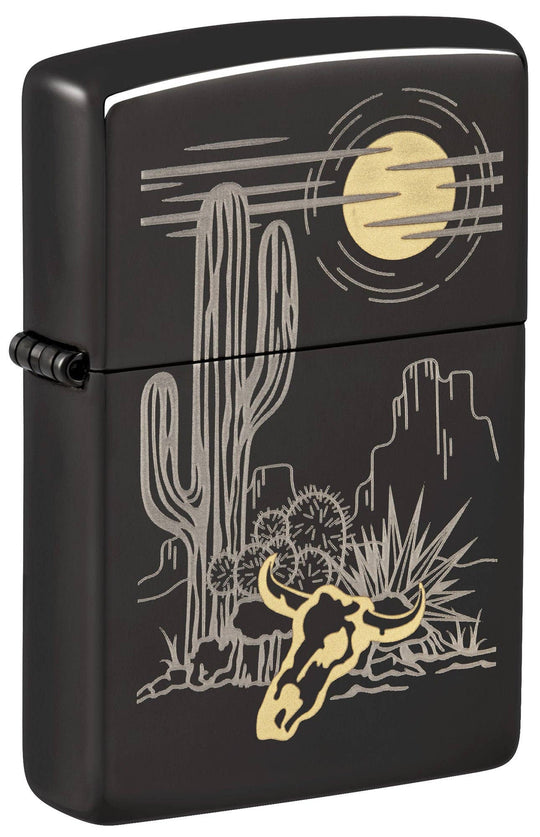 A Western two-tone design. Barren landscape laser etched onto a High Polish Black lighter, incorporating subtle touches of brass. All metal construction; windproof design works virtually anywhere. Refillable for a lifetime of use. Comes packaged in a gift box. Available in our Smyrna, TN shop.

Made in USA
Fuel: Zippo lighter fuel (sold separately)
Lighter Specs: Height: 2.25" Width: 0.5" Depth: 1.5" Weight: 2.0 oz
Lifetime guarantee that "it works or we fix it free™" Zippo contact info on gift box.