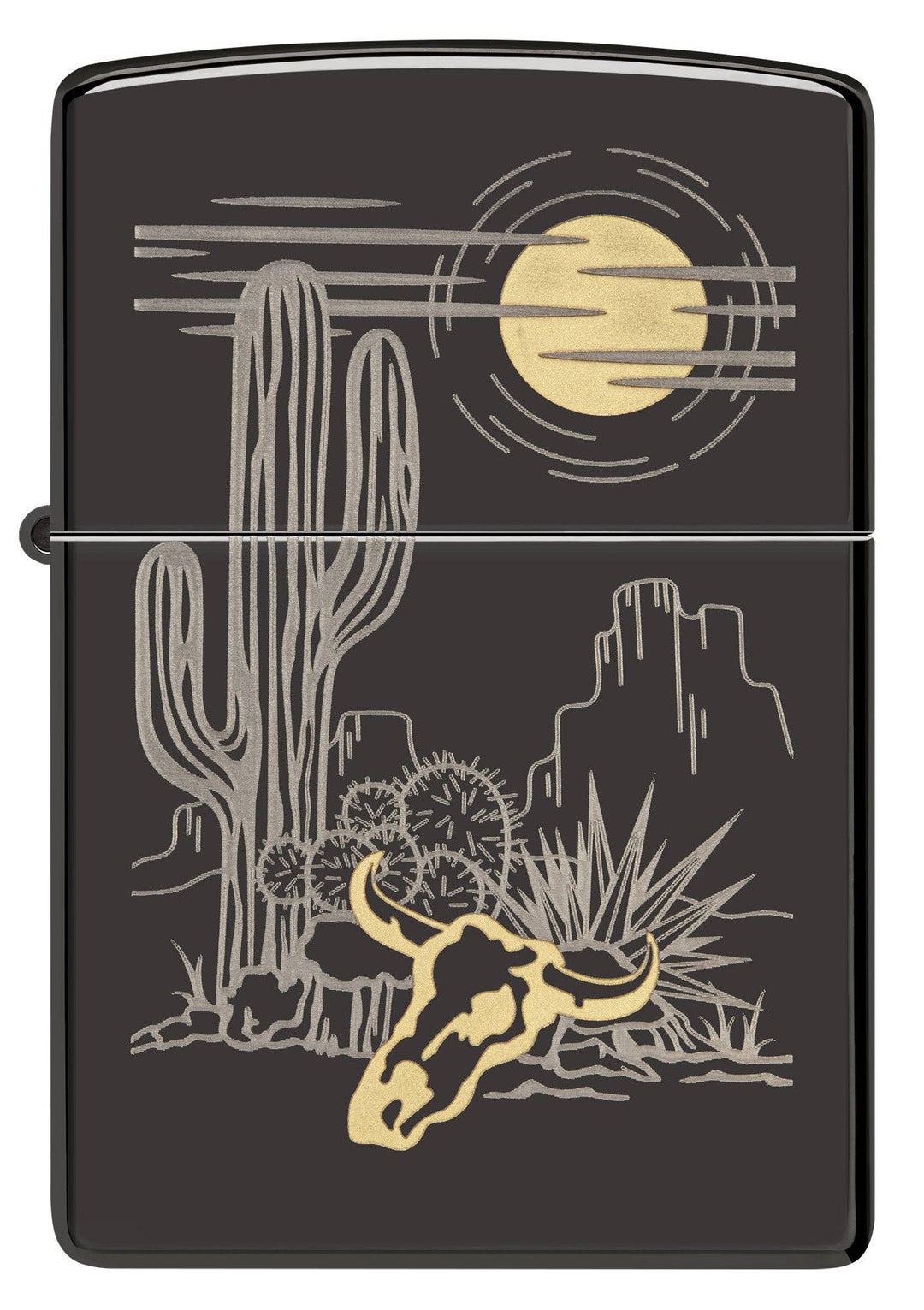A Western two-tone design. Barren landscape laser etched onto a High Polish Black lighter, incorporating subtle touches of brass. All metal construction; windproof design works virtually anywhere. Refillable for a lifetime of use. Comes packaged in a gift box. Available in our Smyrna, TN shop.

Made in USA
Fuel: Zippo lighter fuel (sold separately)
Lighter Specs: Height: 2.25" Width: 0.5" Depth: 1.5" Weight: 2.0 oz
Lifetime guarantee that "it works or we fix it free™" Zippo contact info on gift box.