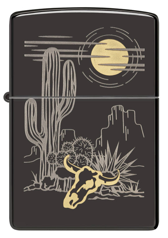 A Western two-tone design. Barren landscape laser etched onto a High Polish Black lighter, incorporating subtle touches of brass. All metal construction; windproof design works virtually anywhere. Refillable for a lifetime of use. Comes packaged in a gift box. Available in our Smyrna, TN shop.

Made in USA
Fuel: Zippo lighter fuel (sold separately)
Lighter Specs: Height: 2.25" Width: 0.5" Depth: 1.5" Weight: 2.0 oz
Lifetime guarantee that "it works or we fix it free™" Zippo contact info on gift box.