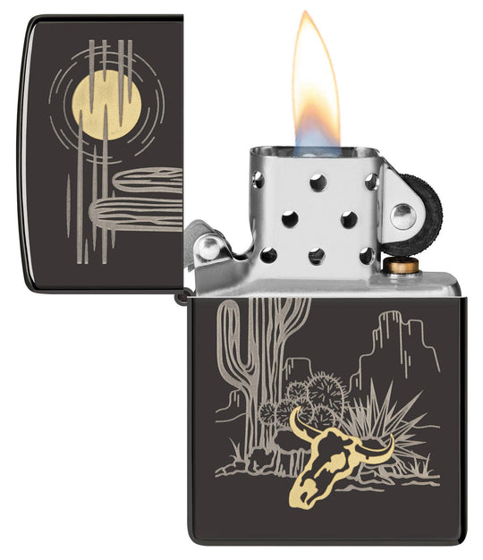 A Western two-tone design. Barren landscape laser etched onto a High Polish Black lighter, incorporating subtle touches of brass. All metal construction; windproof design works virtually anywhere. Refillable for a lifetime of use. Comes packaged in a gift box. Available in our Smyrna, TN shop.

Made in USA
Fuel: Zippo lighter fuel (sold separately)
Lighter Specs: Height: 2.25" Width: 0.5" Depth: 1.5" Weight: 2.0 oz
Lifetime guarantee that "it works or we fix it free™" Zippo contact info on gift box.