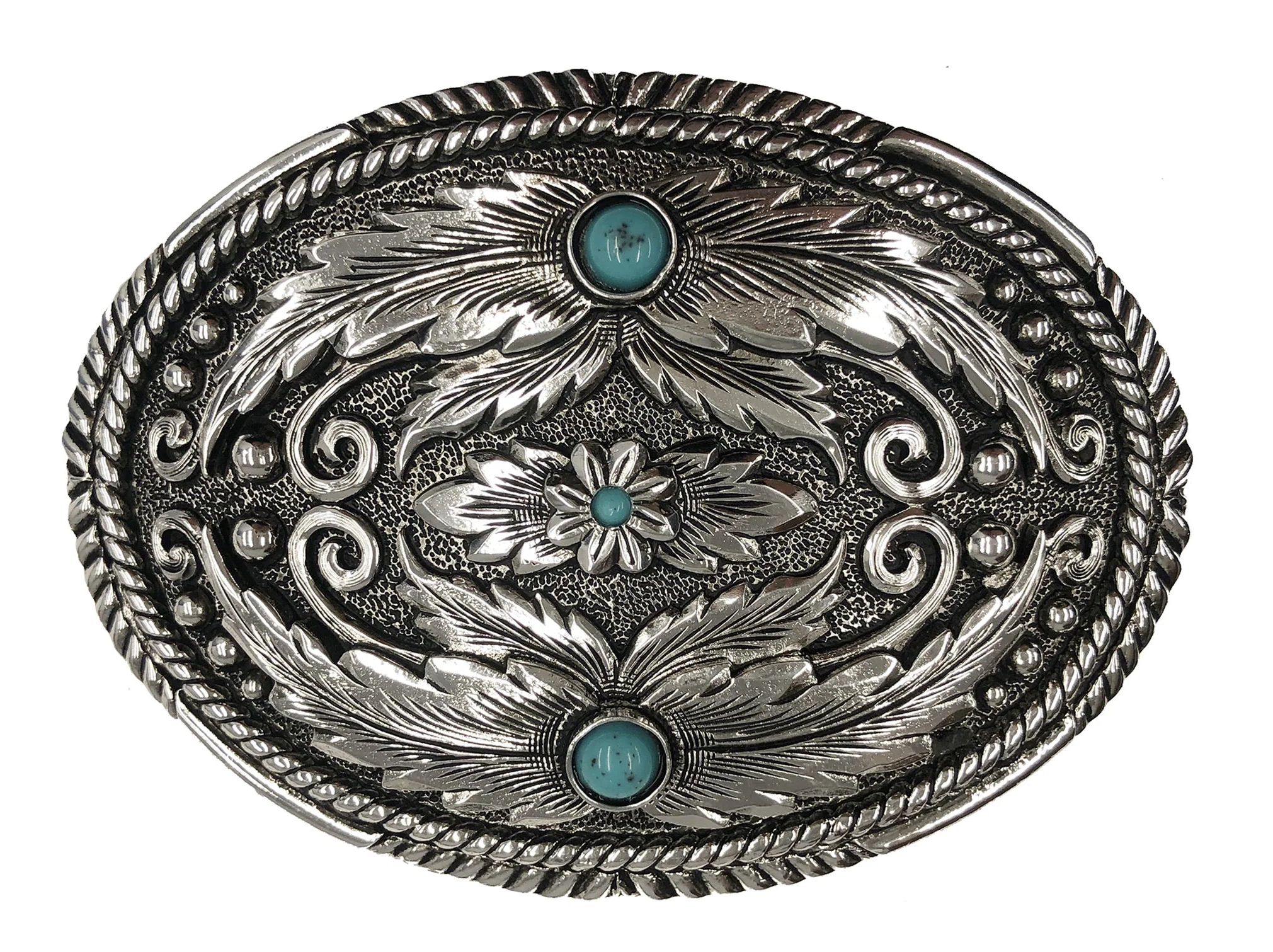 Western Reflections Belt Buckle offers a timeless, classic feather leaf design centered with a turquoise stone on top half reflecting the same image on the bottom half. A double rope boarder and a floral, stone center finishes a uniform and balanced beauty of a buckle. Bring the west in to your look with this stylish oval buckle. Measuring about 2 3/4"x 4", it suits belts up to 1 3/4" wide. Swing by our Smyrna, TN shop to grab yours!