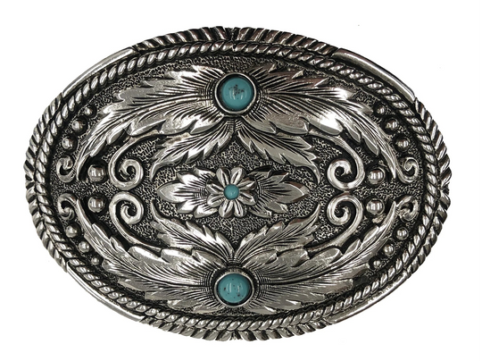 Western Reflections Belt Buckle offers a timeless, classic feather leaf design centered with a turquoise stone on top half reflecting the same image on the bottom half. A double rope boarder and a floral, stone center finishes a uniform and balanced beauty of a buckle. Bring the west in to your look with this stylish oval buckle. Measuring about 2 3/4"x 4", it suits belts up to 1 3/4" wide. Swing by our Smyrna, TN shop to grab yours!